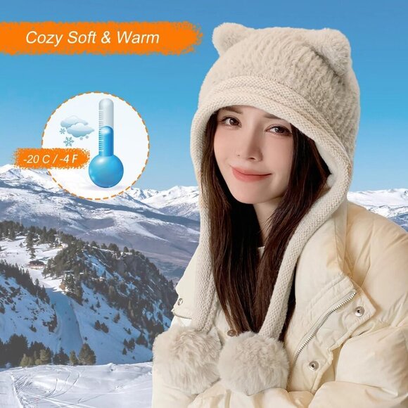 Women Creame Winter Sherpa Beanie Hats Knit Ear Flaps Peruvian Cover Ears main image 7